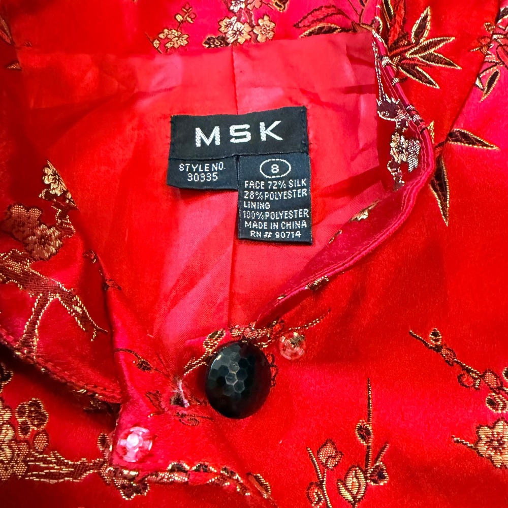 MSK Silk Blend Asian Inspired Floral Bamboo Jacquard Mandarin‎ Jacket 8 Red - Picture 4 of 9